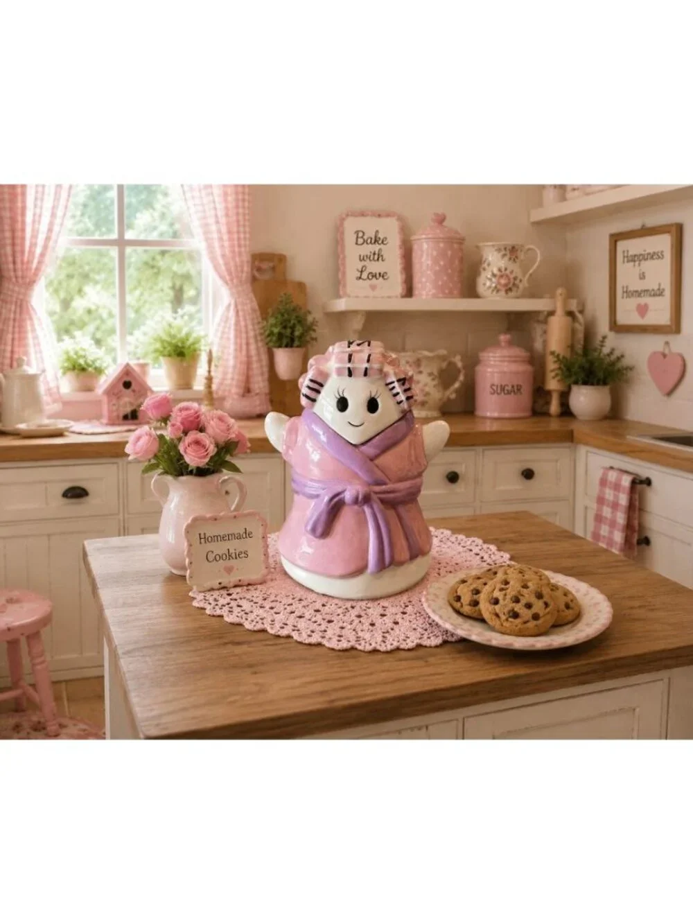 New Halloween Pink Grandma Ghost In Curlers & Bathrobe Cookie Jar Kitchen